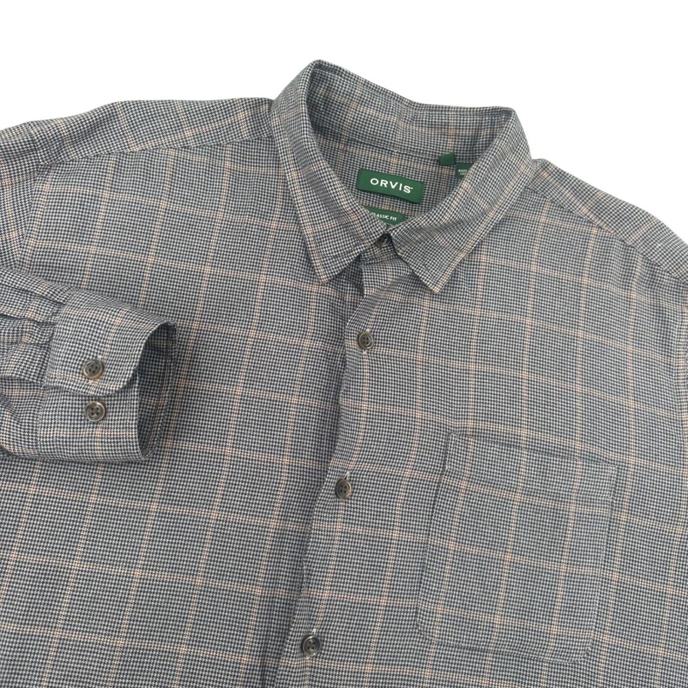 Orvis Mens XL Classic Fit Tri-Blend Wool Cotton Houndstooth Plaid Button Down